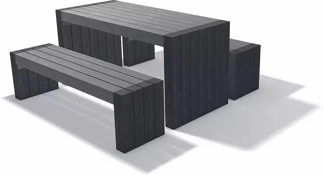 Sitzbänke und Tische aus Recycling-Kunststoff